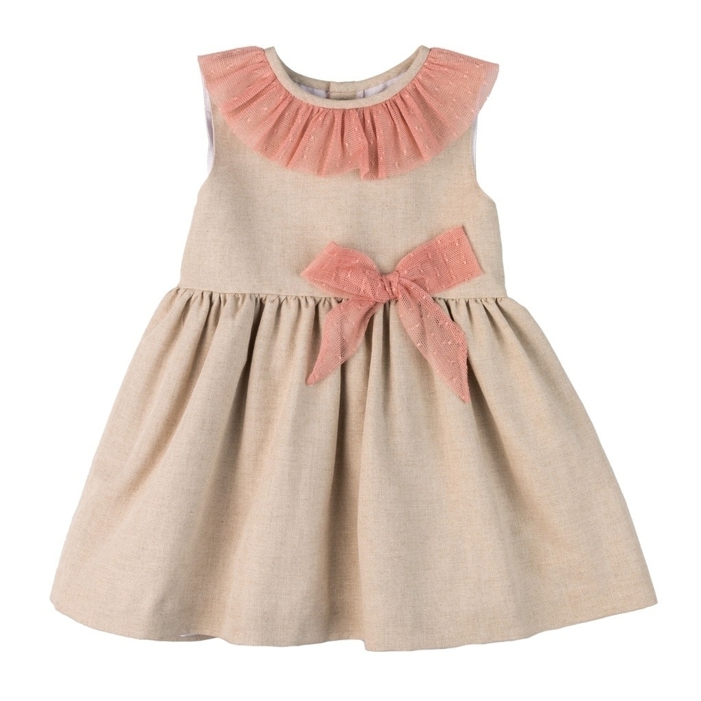 Pink and Cream Sleeveless A-Line Sundress with Pleated Ruffles